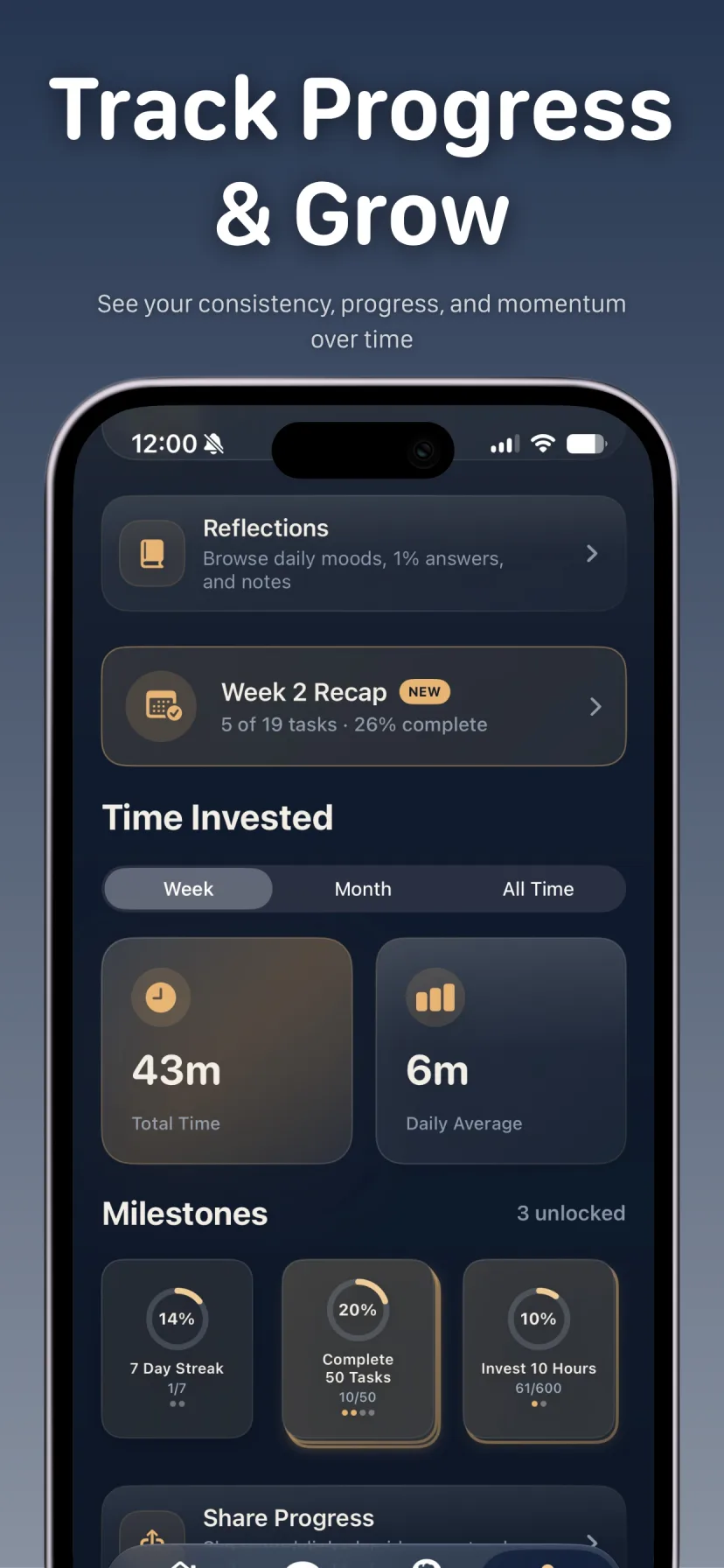 Track Progress & Grow: reflections, a weekly recap, time invested, and milestone progress rings