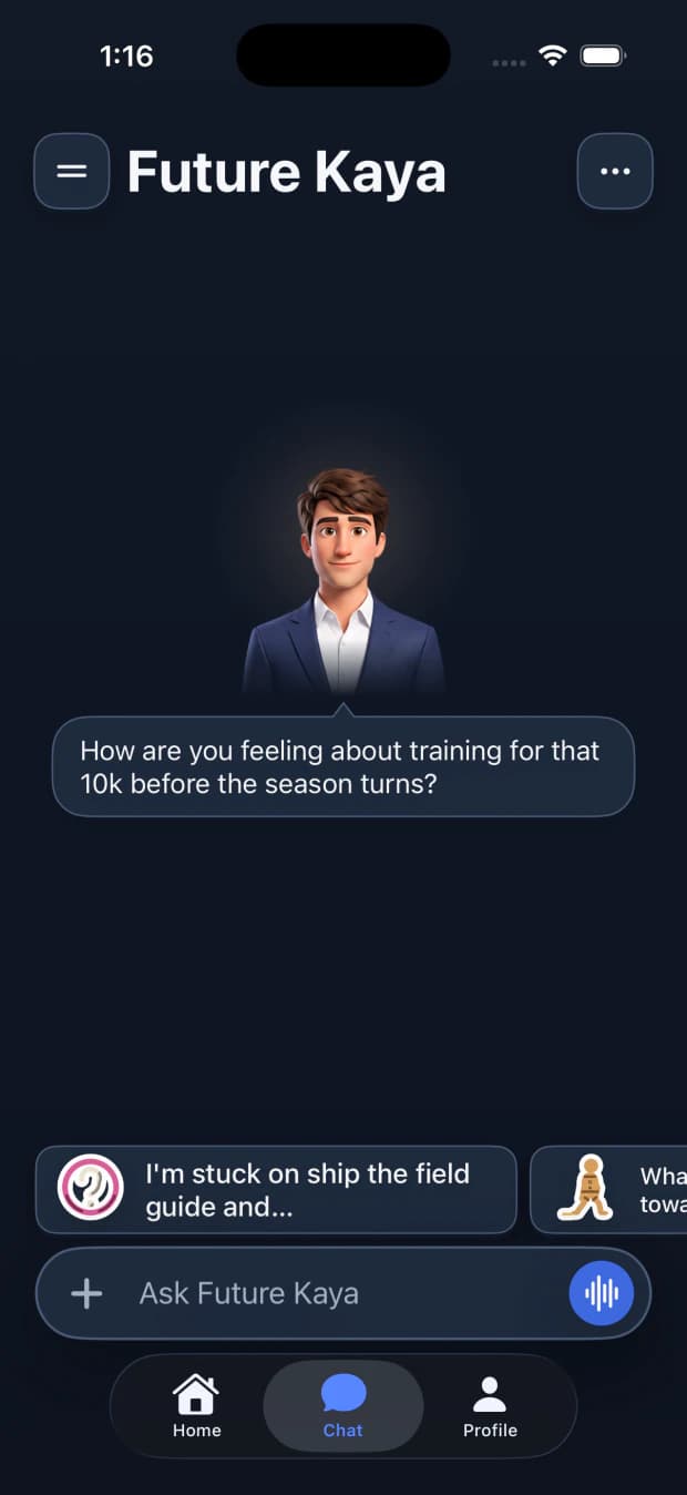 Chat screen: the future self avatar asking how training for a 10k is going, with an Ask Future Kaya composer