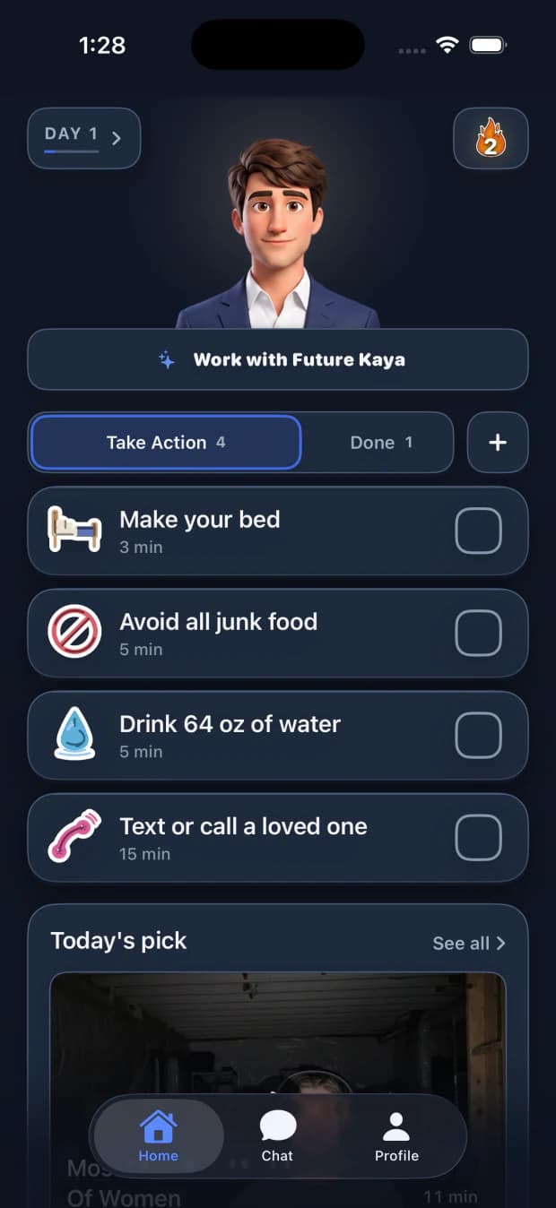 Home screen: the future self avatar, a 2 day streak, and four tasks for the day
